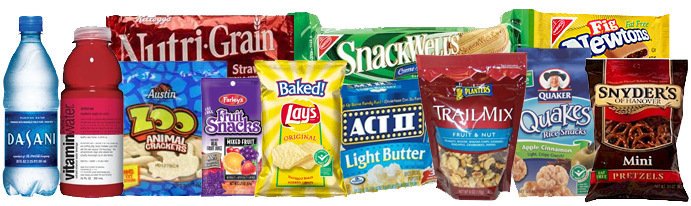 Example assortment of prepackaged snacks and beverages